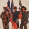 [British, French, and American soldier holding flags]