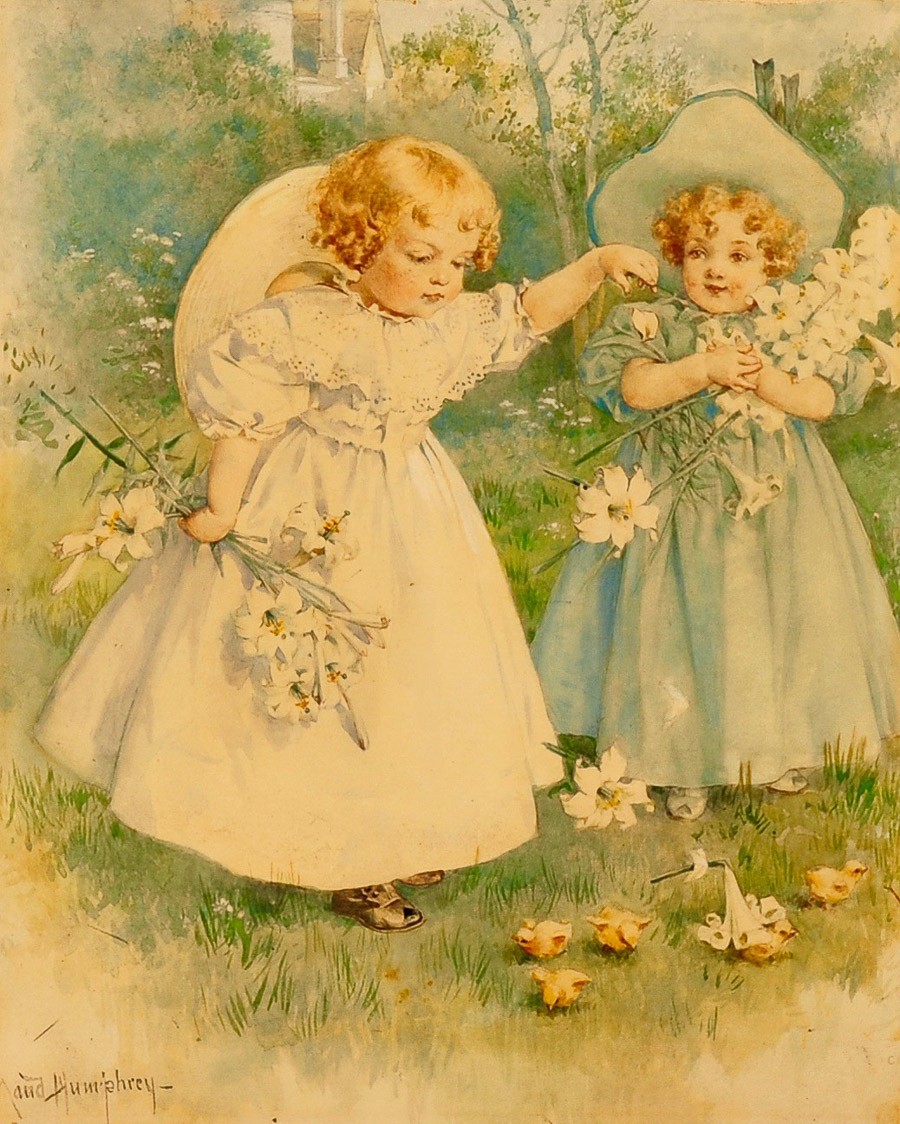 Two Girls Playing with Flowers