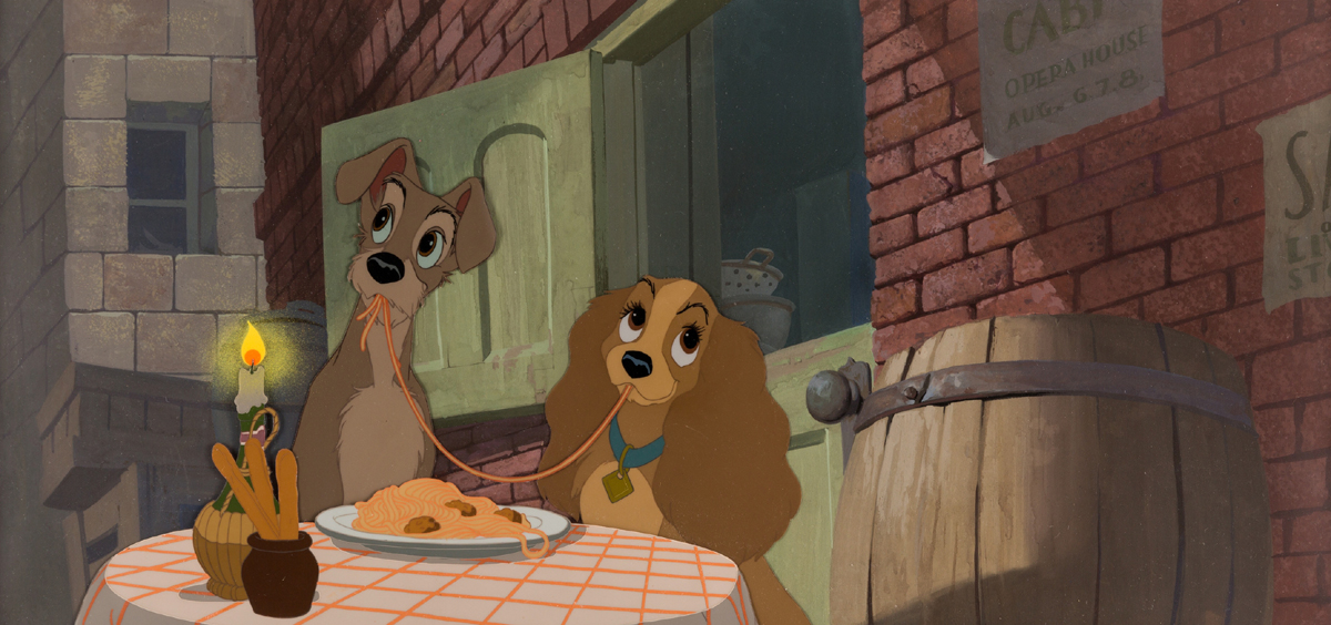 “Lady and the Tramp” production cel with master pan background setup