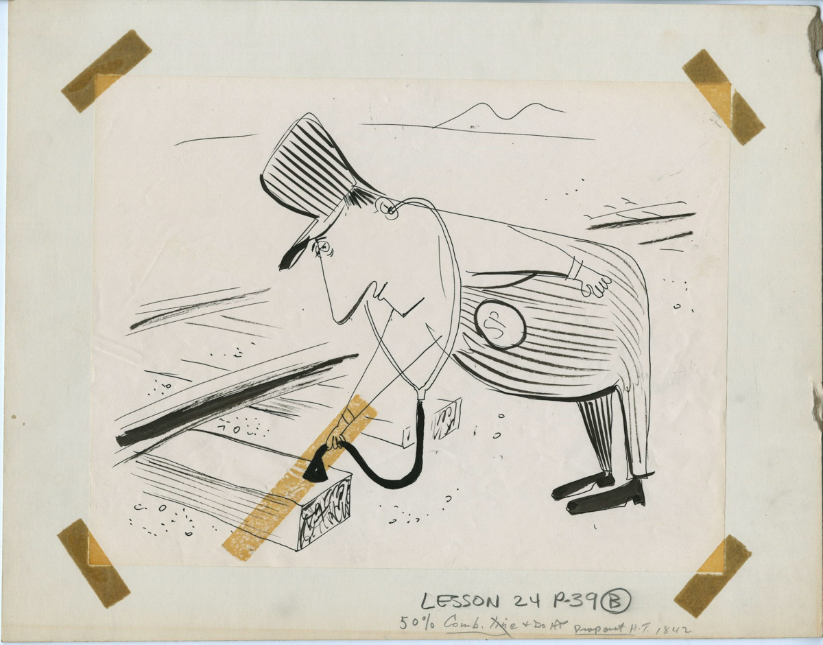 [Man listening to railroad with stethoscope]