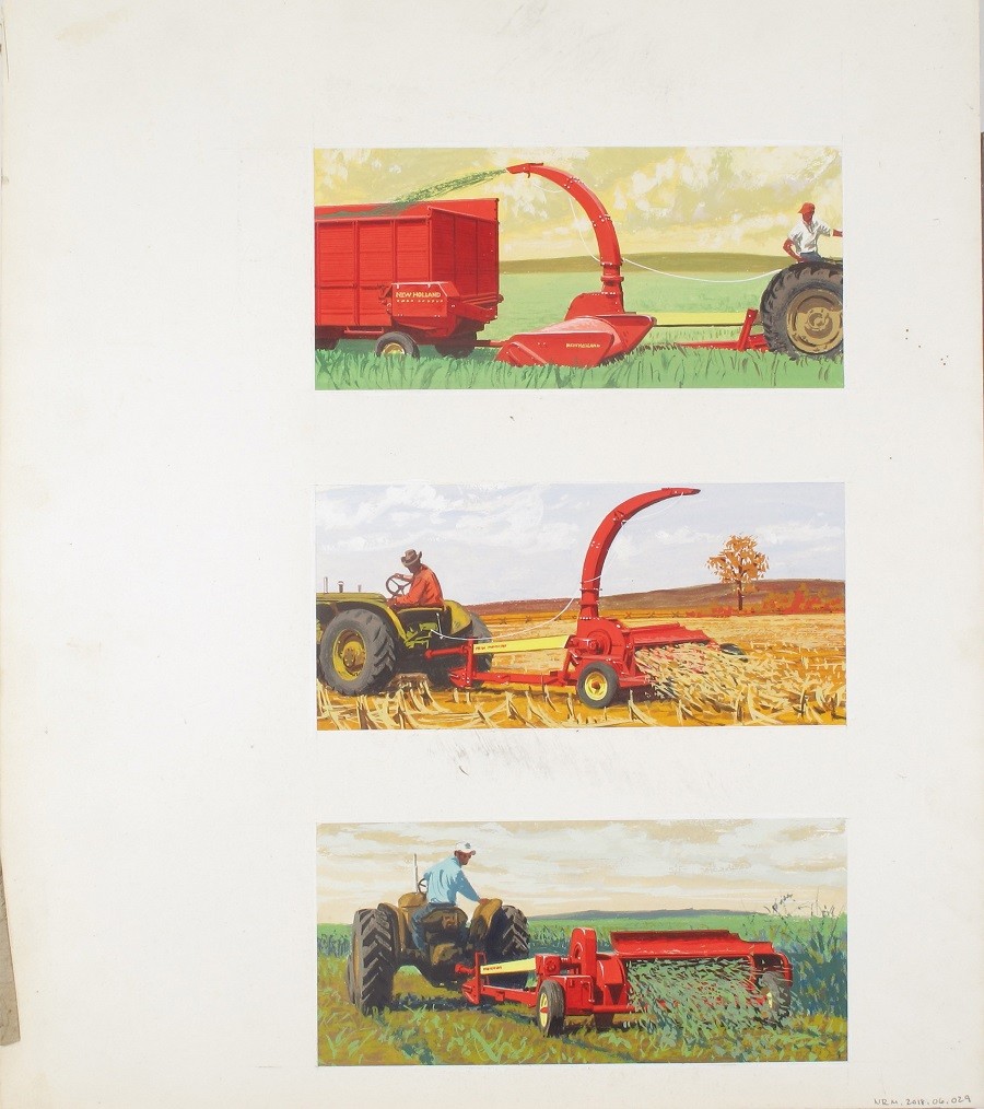 [Three vignettes with New Holland 33 Crop Chopper and Shredder], Double-chops, clean-chops “saves you time and labor” use it all year ‘round!, advertisement from 1960