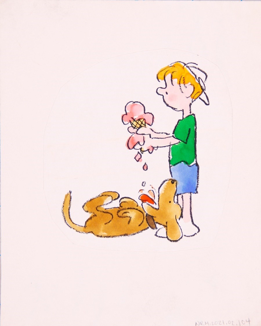 [Dog enjoying boy’s melting ice cream cone]