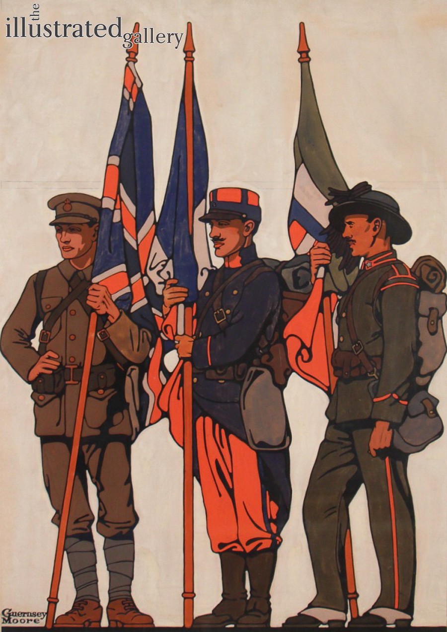 [British, French, and American soldier holding flags]