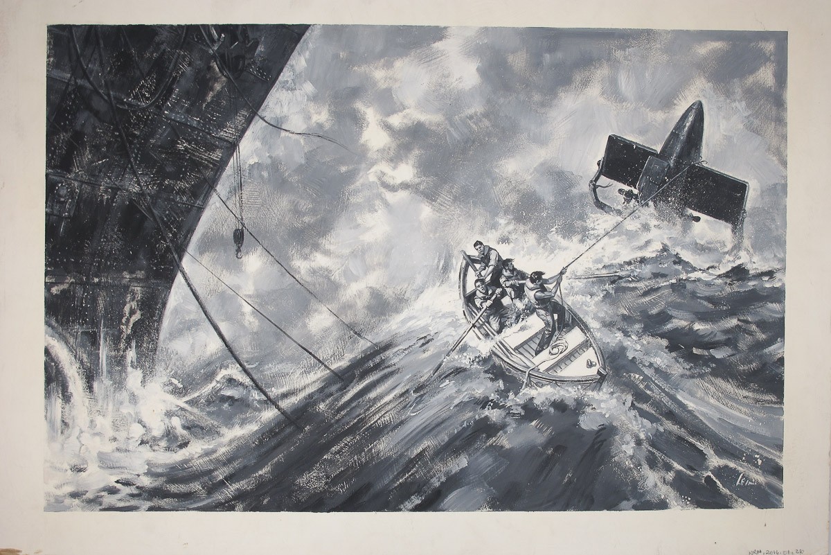 [Men rescuing an airplane at sea in rough waters]