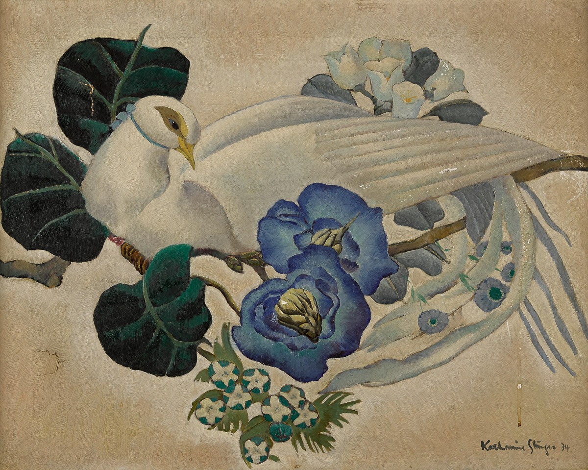 Untitled [white bird with blue flowers]
